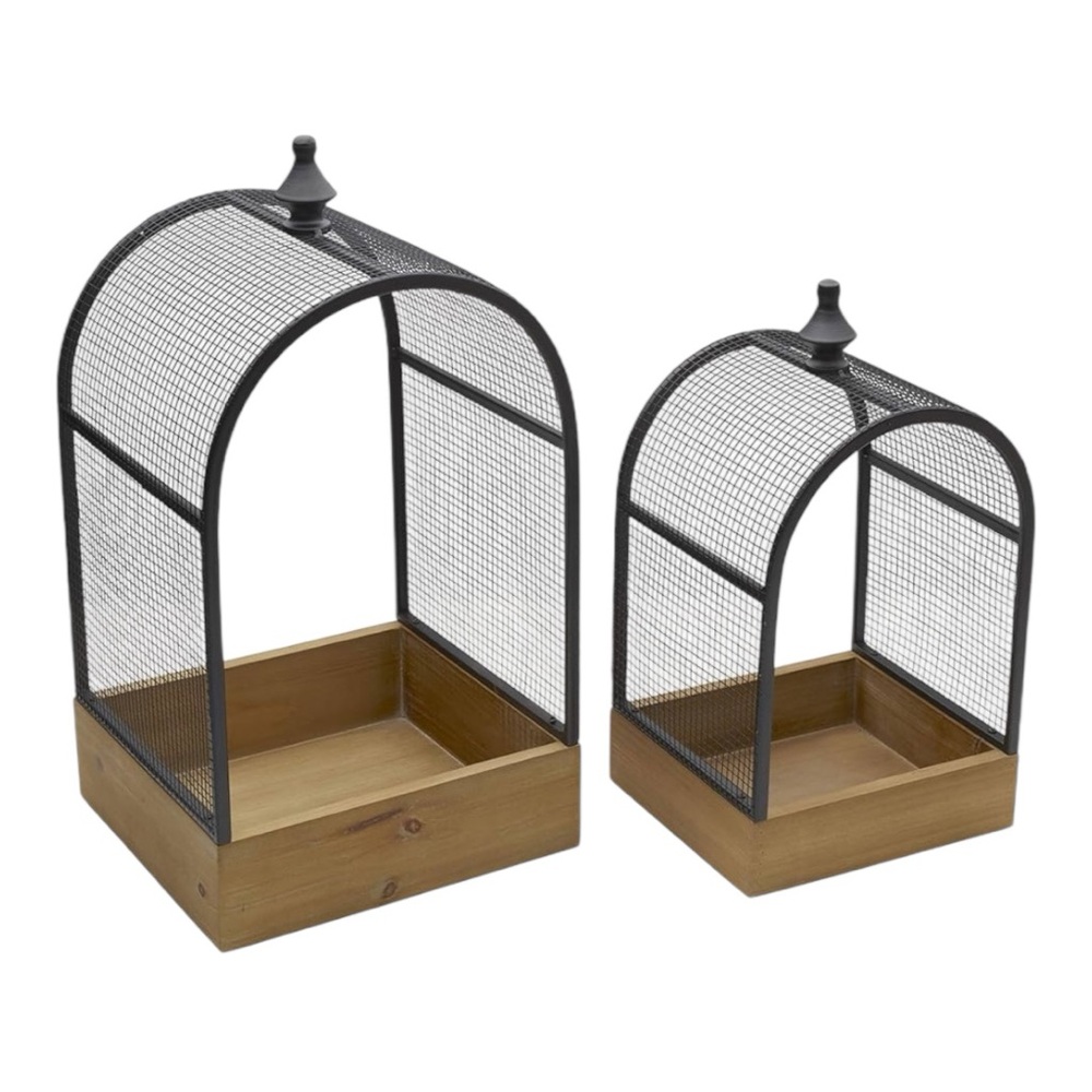 Elements Set of Two Metal & Wood Black and Brown Decorative Birdcages
